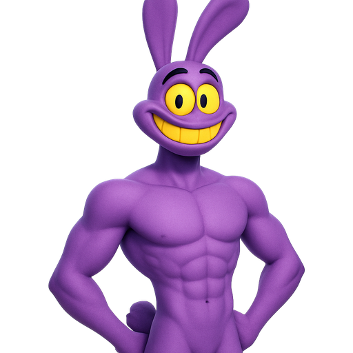 A male furry purple tall lanky bunny 6’2 foot tall with a yellow big grin and a yellow sclera eyes with black square pupils with a purple fluffy tail he is naked he is muscular and has abs he is so hot and handsome and also cute with horizontally wide oval shaped head he doesn’t have a nose he also looks sexy
