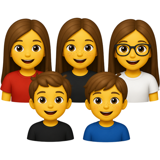 Two smaller boys and three girls all the girls have straight brown hair and both boys have brown hair all the girls are wearing red black and white tops and the boys are wearing black and blue shirts one girl and one boy have freckles and one girl has glasses