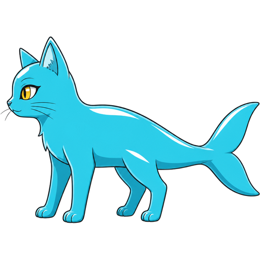 cyan dolphin tail with white highlights instead + cyan cat with white highlights and yellow eyes and cyan legs =hybrid side view