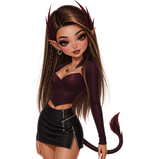 semi-realistic soft cartoon luxury glam, mini plush Bratz-doll aesthetic, cinematic glow, crisp clean detail, glossy glam skin. brown eyed Petite 5ft girl, fair skin with soft freckles, wide face with tall forehead, honey-brown almond wide-set upturned eyes, fluttery lashes, shimmer highlight, plush lips, bottom heavy lip, sweet Belle-princess vibe, long straight brunette hair with visible caramel highlights, wearing a dark plum fitted top with sharp paneling and sleek side seaming, a black satin mini skirt with silver zip details and cool tailored structure, silver earrings, pointed dark ears, feather-like red head crest details, a sleek tail accent, hair in a glossy straight side-part style with one tiny braid, makeup with smoked charcoal liner, cool plum shimmer, sculpted cheeks, and a glossy mauve-nude lip, posing with edgy cool-girl energy and a playful confident smile