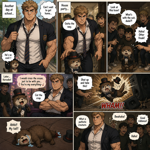 A Lifelike and Detailed Comic book story about of a Bulky and Beefy and every Muscle is bigger than average and less shredded or muscular with Chunky and Bulky chest and Biceps and his defined abs ANIME Cute Bara Man American 20 year old with a ROUND and BASIC facial structure and Young Adult BARA CUTE that is Peach Toned skin not anything else MALE not to detailed With bigger than average Pecs that are visible through the shirt and Biceps but slim and Athletic Lower body that makes have a V-Tapper Lower Body and a big Bandaid on his nose and Left Cheek and Right Eye brow with Scars all over his Chest and arms. Wearing a no piercings Wearing a baggy School Uniform and tie with Blazar and Pants and yellowish Brown Hair and Bright Light Brown fluffy Hair and Strait with brown eyes and black eyebrows with a Three finger Slash on his Eyebrow. With no Facial Hair. Coming home from School with his Pet Otter that has a Collar and has a Huge Crush on him but he doesn’t like the otter back, at a House party they the otter is dressed in a suit and top hat. And hey nudges the otter out of the way to get to the front door and when they get in they all bully the otter. And the otter want to sing karaoke love song for him but he doesn’t like it and the otter is thrown at the speakers and the speakers fall. And the otter looses his tail