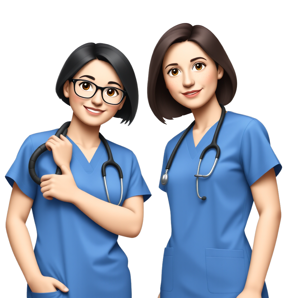 Best friend nurses in blue scrubs one has glasses and black hair, the other has dark brown hair and freckles