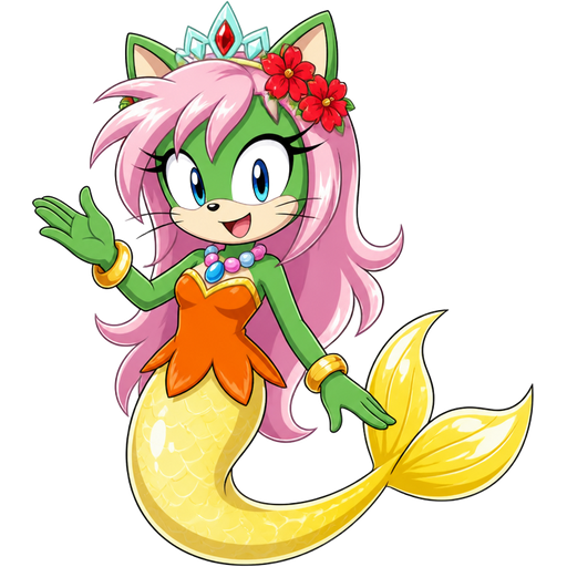 green cat with light pink hair red and flower light cyan crown pink and blue necklace golden and golden bracelets orange dress attached to long light yellow mermaid tail with white highlights with yellow tail fins with white highlights (sonic x anime)