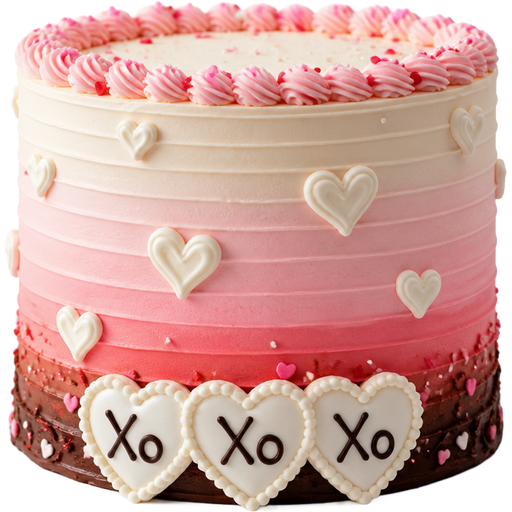 Pink, Light Pink and Vanilla Ombré Valentine’s Day Cake Decorated in White Frosted Hearts That Read “Xoxo” at the Bottom of it in Chocolate and Strawberry Ombré Icing