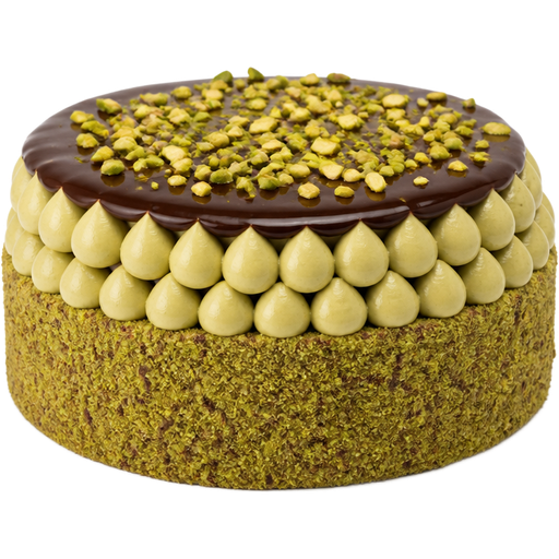 Whole Pistachio Cake with Two Rows of Pistachio Frosting Dollops and Ganache on Top with Chopped Pistachios