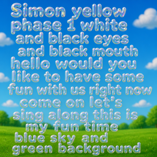 Simon yellow phase 1 white and black eyes and black mouth hello would you like to have some fun with us right now come on let’s sing along this is my fun time blue sky and green background
