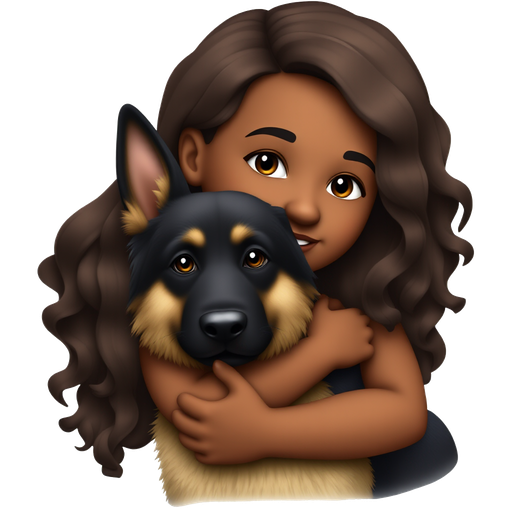 a mat skinned girl with EXTRA LONG DARK BROWN wavy hair smiling hugging a black and brown German Shepard