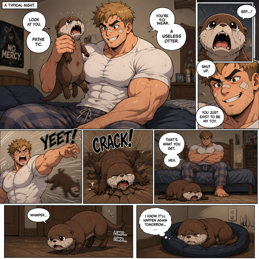 Comic book story about of a Bulky and Beefy and every Muscle is bigger than average and less shredded or muscular with Chunky and Bulky chest and Biceps and his defined abs ANIME Cute Bara Man American 20 year old with a ROUND and BASIC facial structure and Young Adult BARA CUTE that is Peach Toned skin not anything else MALE not to detailed With bigger than average Pecs that are visible through the shirt and Biceps and a big Bandaid on his nose and Left Cheek and Right Eye brow with Scars all over his Chest and arms. Wearing a no piercings Wearing a baggy White Shirt that is tight around the waist with and Pajama pants and drenched in sweat and Short and yellowish Brown Hair and Bright Light Brown fluffy Hair and Strait with brown eyes and black eyebrows with a Three finger Slash on his Eyebrow. With no Facial Hair. Sitting down on his bed with his Pet Otter, at his house and excessively Bullies it. And the otter cries and Lays there, and the otter Flys to the Floor and cracks it. and the otter can barely walk and limps off to his doggy bed, knowing it will happen tomorrow.
