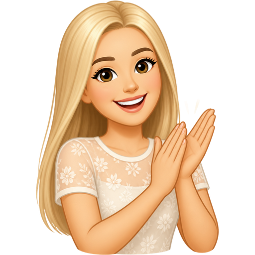 light skin woman with long straight light blonde hair wearing a summer illusion top short sleeves clapping in her hands