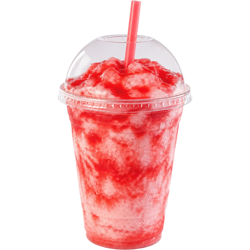 Strawberry Shortcake Soft Shaved Ice Slushie in a Plastic Cup and Plastic Dome Lid with a Straw Mixed in with Extra Syrup