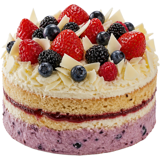 Whole Fresh Berry Cake with Mixed Berry Buttercream at the Bottom and Strawberry Jam in the Middle and Vanilla Buttercream with Big White Chocolate Shavings and Mixed Berries on Top