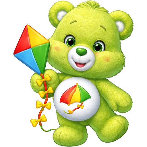Do-Your-Best Lime Green Care Bear with a Red,Yellow, Orange and green Kite and three yellow bows on the string on its stomach white fur on the inside of its ears and a dark green heart nose