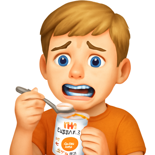 12 year old boy with braces, with white skin, Braces, blue eyes, dirty blonde hair, braces with blue bands, with a painful mouth, eating yoplait orange crème yogurt