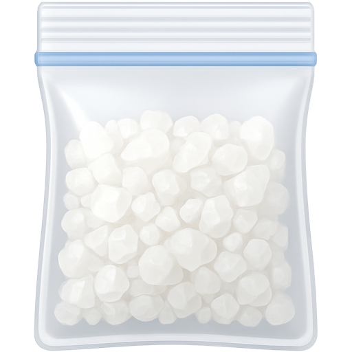A clear small baggie filled 3/4th of the way with white crystals varying in size. Smooth shading, high-resolution Apple Memoji aesthetic, realistic lighting