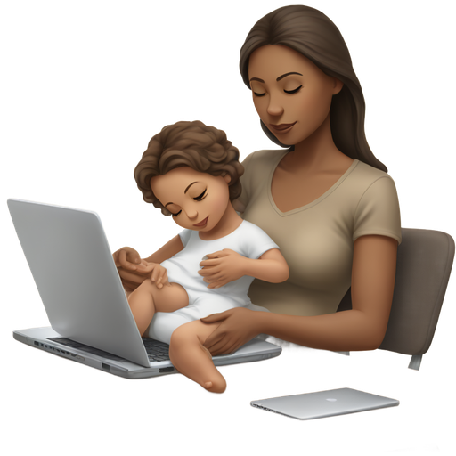 A white woman with dark brown hair, holding a white baby boy with brown hair on her lap. She is sitting down, using a laptop on a table or on her lap. The woman has a peaceful and focused expression. The baby looks calm and comfortable. Style: emoji-like, cute and clean, soft colors, realistic proportions.