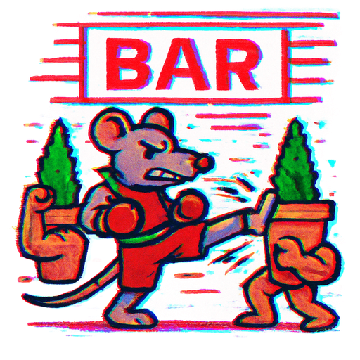 Kickboxing rat attacking quadratic flower pots that have huge arms with small cypress in it in front of a bar with red design