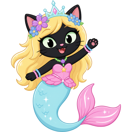 black cat with light yellow hair purple and blue flowers light cyan crown purple and green necklace pink and blue bracelets pink dress attached to long light cyan mermaid tail with pink tail fins with white highlights (star vs the forces of evil)