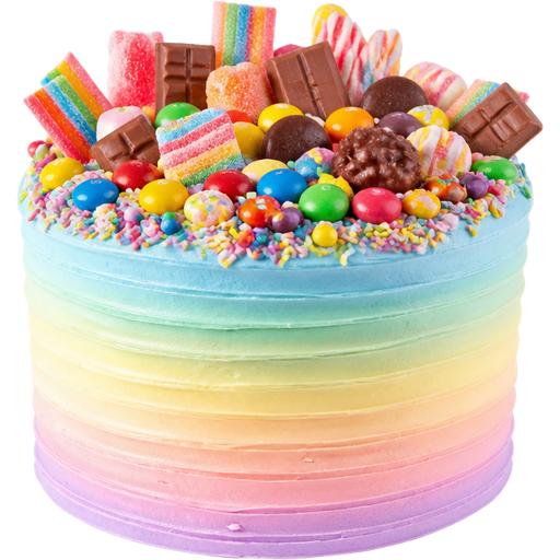 Whole Sweet Shop Cake with Ombré Pastel Blue, Pastel Green, Pastel Yellow, Pastel Pink and Pastel Purple Buttercream Frosting Blended in on The Outside and Candy Like Air Heads Sweet & Sour Xtreme Stripes along with a Bunch of Other Candy and Chocolate on the Top