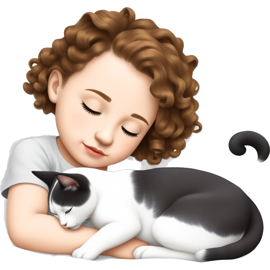 White girl with brown curly hair with cat sleeping in her bed. The cat is white with black ears and a black back and tail