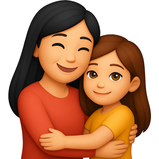 A mom that is Asian with long black hair and one daughter that is Asian and has brown hair and also has hazel eyes all hugging