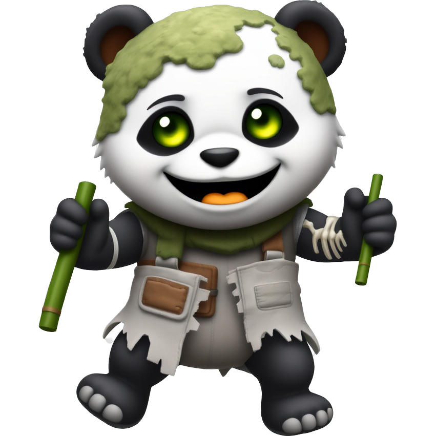 "Zombie Panda": A cute panda with tattered, moss-covered fur, glowing green eyes, and a playful, crooked smile. Its bamboo stick is replaced by a skeletal arm, and it wears a ripped, patchy zombie costume adorned with tiny bones and eerie patches, shuffling along in a fun, undead dance.