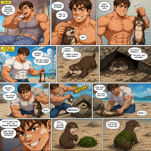 A COMIC BOOK STORY very lifelike and Detailed Full page Anime Comic book story about of a Bulky ANIME Cute Bara Man American 20 year old with a ROUND and BASIC facial structure and Young Adult BARA CUTE that is Peach Toned skin not anything else MALE not to detailed With bigger than average Pecs that are visible through the shirt and Biceps and a big Bandaid on his nose and Left Cheek and Right Eye brow with Scars all over his Chest and arms. Wearing a white shirt that is tight around the waist and Jeans drenched in sweat and Short and Brown strait Fluffy Hair and Strait with brown eyes and black eyebrows with a Three finger Slash on his Eyebrow. With no Facial Hair. Waking up in the morning in pajamas and his pet baby Unathletic otter but Excessively bully’s it by holding his collar around his neck. And then they go to the beach and the otter has the goes and try’s to find as rock to hide under and he finds the otter and then looses his tail from a boulder Excessively bully’s him more. And the otter uses seaweed to cover his butt with no tail
