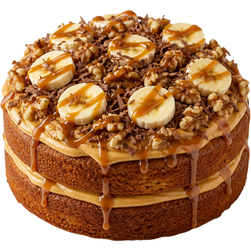 Whole Banana Cake Layered with Caramel Frosting in the Middle and Caramel Frosting on Top, Chopped Walnuts, Sliced Bananas, Chocolate Shavings and Caramel Sauce on Top