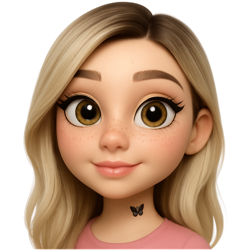 28 year old girl with a very small butterfly tattoo on her throat a bumpy nose high cheek bones with freckles hazel eyes very long lashes winged eyeliner sparkly gold eyeliner and sparky light pink lips very fair skin with long slightly wavy ice blonde hair and dark roots parted to the side