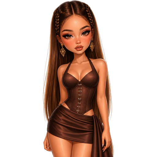 semi-realistic soft cartoon luxury glam, mini plush Bratz-doll aesthetic, cinematic glow, crisp clean detail, glossy glam skin. brown eyed Petite 5ft girl, fair skin with soft freckles, wide face with tall forehead, honey-brown almond wide-set upturned eyes, fluttery lashes, shimmer highlight, plush lips, bottom heavy lip, sweet Belle-princess vibe, long straight brunette hair with visible caramel highlights, wearing a smoky cocoa halter corset with exposed seaming and tiny hook-and-eye details, a chocolate satin mini skirt with a draped overlay, statement gold earrings, hair in long sleek pin-straight hair with two micro braids at the crown, makeup with dramatic lifted liner, bronze taupe eyeshadow, contour-heavy cheekbones, muted rose blush, and a cinnamon-nude lip