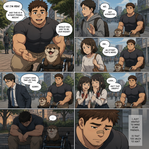 A DETAILED AND LIFELIKE ANIME Comic Book story view of a Bulky but Muscular ANIME Cute Bara Man With Peach toned skin Who looks Normal aind round facial Structure and Basic facial structure With Puffy and Big Pecs that are visible through the shirt and Biceps and Bandaid on his nose and Brown short hair. Wearing normal clothes. An otter in a dog wheel chair and asks people to be his friend and they say no
