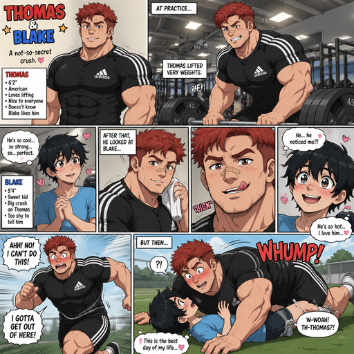 A Comic book story of a Bulky and muscular ANIME Cute Bara Man Who looks Normal and American with a round facial Structure and Basic facial structure With Big Pecs and Biceps and Bandaid on his nose. Wearing an Adidas Jersey and shorts with Scarlet Red hair and named Thomas. With Blake a Skinny and small Kid with a huge crush on Thomas. One day Thomas at Practice, he Lifted Very weights and After that he was and the looked at Blake then Licked his top teeth. And then Blake smiles and Make Thomas Blush. And the Thomas Tries to run away and falls on top of Blake