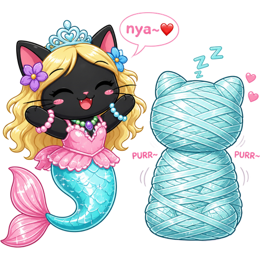 happy black cat with light yellow hair purple and blue flowers light cyan crown purple and green necklace pink and blue bracelets pink dress attached to long light cyan mermaid tail with white highlights with pink tail fins with white highlights:nya~❤️ next to 10 layered light cyan slik with white highlights mummy-like cocoon shaped like hello kitty is sleeping completely covered and completely wrapped up with 10 layered light cyan slik with white highlights slik webbings covered and wrapped up from head to toe in the cyan spider web while purring happily (cartoon network unikitty)