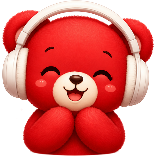A red teddy bear smiling with white headphones on, there are several hearts around his head and red sparkles
