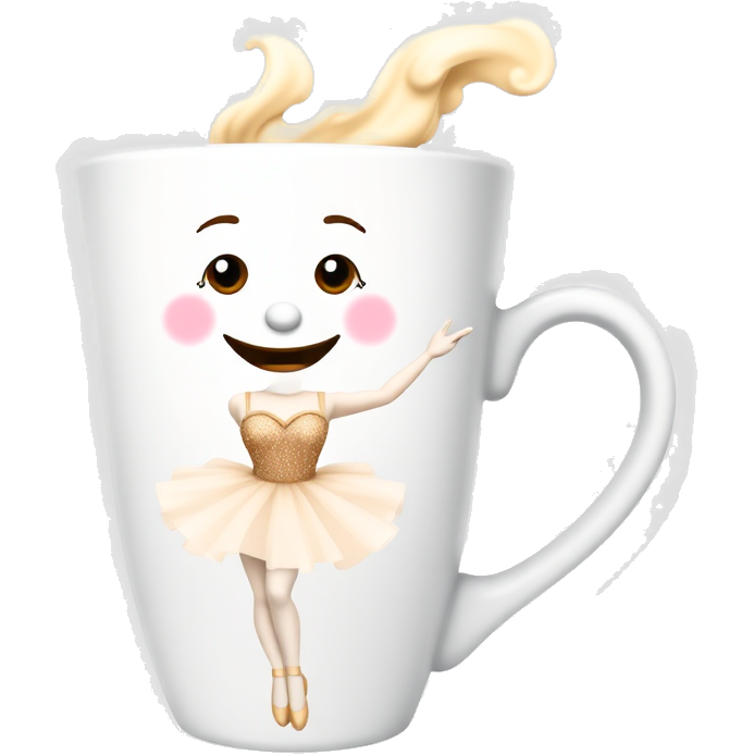 A whimsical coffee cup with a cheerful, smiling face. Its body transforms into a graceful ballerina, adorned in a shimmering tutu and ballet slippers, twirling elegantly. The cup’s handle serves as her graceful arm, while steam swirls around like a playful dance partner in a magical ballet performance.