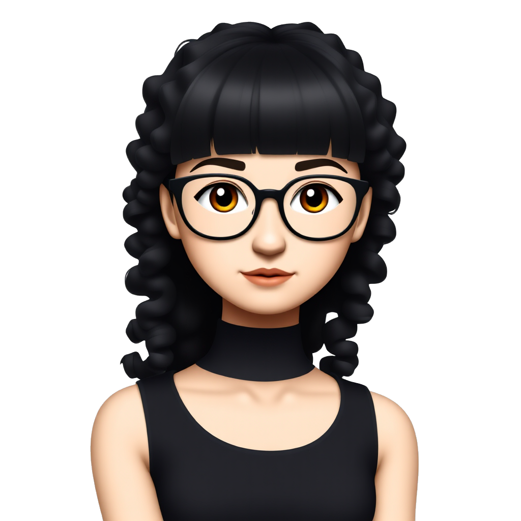 A young woman with long black curly hair and a micro straight bang, micro eyebrows ,brown eyes all dress in black with big glasses and a septum piercing