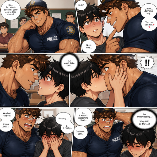 A REALISTIC AND LIFELIKE Comic Book Story of a Bulky but Muscular ANIME Cute Bara Man With Peach toned skin Who looks Normal and a huge and Masculine round facial Structure and Basic facial structure With Puffy and Big Pecs that are visible through the shirt and Biceps and Bandaid on his nose and Brown Spiky hair and His Hair Curls At the tip of strands. Wearing a police athletic shirt but no gear and short shorts with A Hat ㅁand has a Hairy body and looks VERY MANLY. In college class He Picks one to date and flirts with a Guy and The guy can‘t take it and Kisses him and there shocked and Are embarressed