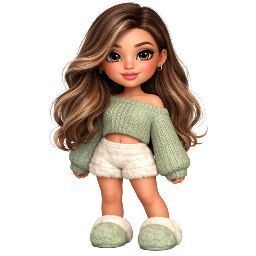 straight warm brown hair caramel highlights, cropped asymmetrical sweater in muted sage green knit, plush mini shorts in soft cream, fuzzy slippers in pale moss tones
