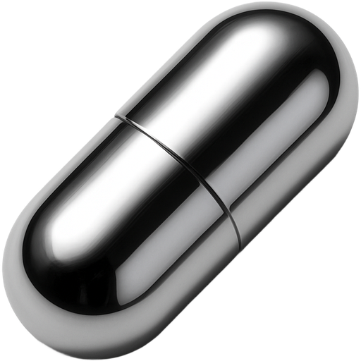 High shine chrome pill shape. Strong top left light source, medium pillow inflation, high contrast reflection, soft bevel fully rounded