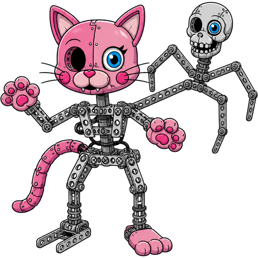 toy pink cat head one of the blue eyes are missing on left toy pink cat paws skeleton like body made of Erector Set pieces toy pink cat tail with robotic skull head with blue doll eye on left eye socket 3 spider like legs made of Erector Set pieces 2 endoskeleton feet 1 toy pink cat foot acts like fnaf 2 mangle