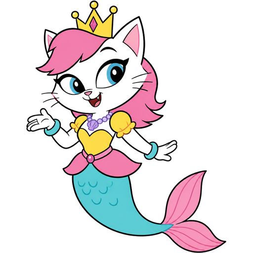 clipart cartoon style white cat with pink hair golden crown with light purple necklace light cyan braclets yellow dress with pink skirt attached to long cyan mermaid tail with pink tail fins (t.u.f.f puppy)