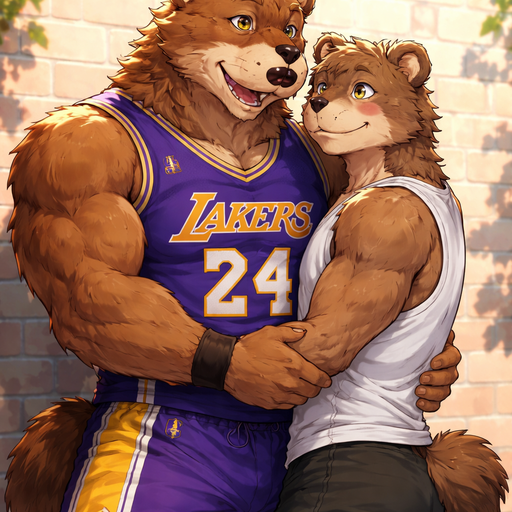 A Full BODY and FACE of a Buff and a Bara Furry Grizzly Bear with brown eyes with a wrestler type body. Wearing a Lakers jersey and Shorts. Talking to his Boyfriend And Hugging him around the waist. On a Wall