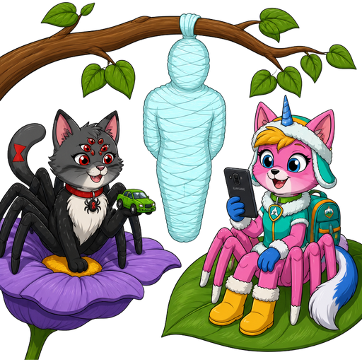 #B8FFFF sticky slik mummy-like-cocoon human entombed wrapped up and mummified fully covered in a #B8FFFF spider slik cocoon shaped like human with arms behind back with #B8FFFF spider slik wrappings completely covered with thick layers non-transparent #B8FFFF spider slik wrappings #B8FFFF hanging to branch next to Furuko the spider cat grey cat black arms and legs white belly fur six eyes red hourglass marking on tail red collar with spider charm holding a toy green car on purple flower next to happy pink cat anthro furry boy drider with yellow hair blue and white tail white wrists blue hands white socks yellow boots green collar blue unicorn horn based on unikitty wearing everest's hat and everest's clothing with everest's backpack holding Samsung phone on leaf
