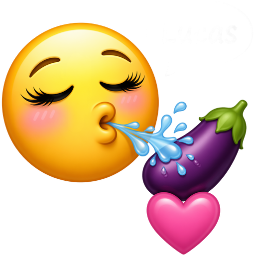 ššš©·š¦ add fake lashes light pink blush eggplant near lips on right side of emojiās face water droplets touching emojiās lips droplets coming out of emojiās mouth hitting on top of eggplant and eggplant heart under eggplant and emojiās saying Lucas