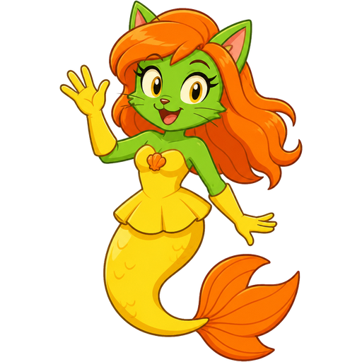 green cat anthro with yellow dress attached to long yellow mermaid tail with orange fins yellow gloves orange hair