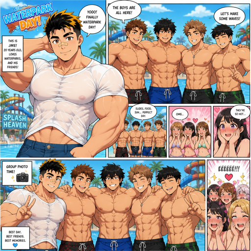 A Full page Anime Comic book story about of a Bulky and not shredded but chunky ANIME Cute Bara Man American 20 year old with a ROUND and BASIC facial structure and Young Adult BARA CUTE that is Peach Toned skin not anything else MALE not to detailed With bigger, better, Bulkier, beefier than average Pecs that pull up the shirts waist that are visible through the shirt and his Biceps tighten the Sleeves and are Gigantically muscular and a big Bandaid on his nose and A V-Shaped body. Wearing a Baggy White swimshirt and Jeans and Short and Black Hair designs and Bright Gold Fluffy Hair tips and Strait with brown eyes and black eyebrows with a Three finger Slash on his Eyebrow an very slim waist and Very Slim lower bod but huge upper body that’s v-shaped. With no Facial Hair. Going to the Waterpark and with his guy friends all shirtless and they all look cute and attractive in front of girls. And they take a group photo that girls blush to