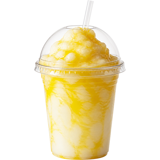 Pina Colada Soft Shaved Ice Slushie in a Plastic Cup and Plastic Dome Lid with a Straw Mixed in with Extra Syrup