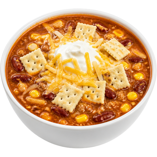 Chili Soup with Sour Cream, Shredded Cheese, Mixed in with Corn and Premium Original Mini Saltine Crackers