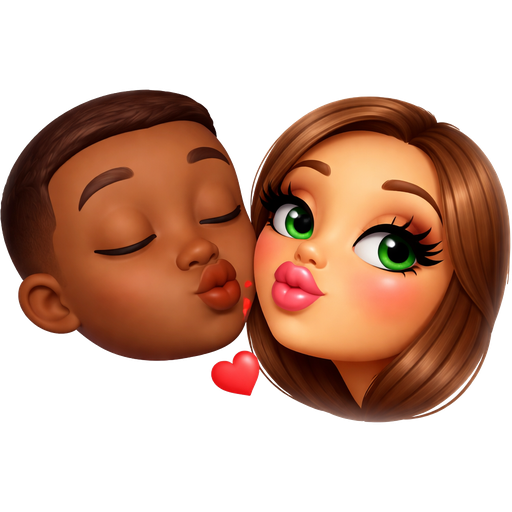 Two emoji heads one brown color boy emoji color turning with puckered lips to kiss other emoji's plump pink glossy lips this emoji color tan is slightly turned towards first emoji green eyes add fake lashes on entire top of eyelid, medium length add light pink blush puckered lips womanly features
