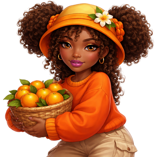 Orange Blossom with a Dark Warm Ebony Skin Tone and a Flipped up Bucket Hat with Yellow at the Top of the Hat and a Orange Brimming Trim in the Middle with the Bottom having a Dark Orange trim and a Lighter Orange Underneath it with a Orange Flower with Three Leaves on the Right Side with Two Afro- Textured Brown High Puff Curly Ponytails Wearing Natural Voluminous Eyelashes and Asymmetrical Type Lip Shape, Followed up with a Matte Purple Lipstick Finish and Magenta Eyeshadow along with a Modern Tail- Arched Eyebrow in Which the Eye-Shape is more of a Deep-set Type of Feature and the Scrunchies in her hair are also Orange She also have curly Bangs hanging at the Front of her hair Which is also wearing a Oversized Orange Long Sleeved Sweater with a light Orange Trim Going around the Neckline And Baggy Beige Pants with a Pocket on the side with Brown Leather Boots Carrying a Basket of Oranges with a Mature Adult Toned Build and Luxury Glossy