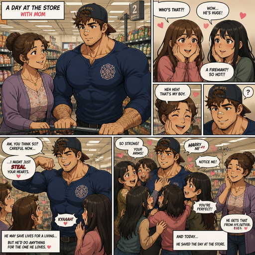 A REALISTIC AND LIFELIKE Comic long STORY of a selfless Fireman who will do anything for his girlfriend Bulky but Muscular ANIME Cute Bara Man With Peach toned skin Who looks Normal and a huge and Masculine round facial Structure and Basic facial structure With Puffy and Big Pecs that are visible through the shirt and Biceps and Bandaid on his nose and Brown Spiky hair and His Hair Curls At the tip of strands. Wearing a nice long sleeved clothing and has a Hairy MANLY body. Fireman baseball hat bacwards. With his mom at the store and girls love talk about how handsome he is. And his mom laughs and he flexes and teases them but didn‘t mean to and now has girls crowding him and his mom laughs and finds it cute and Romantic